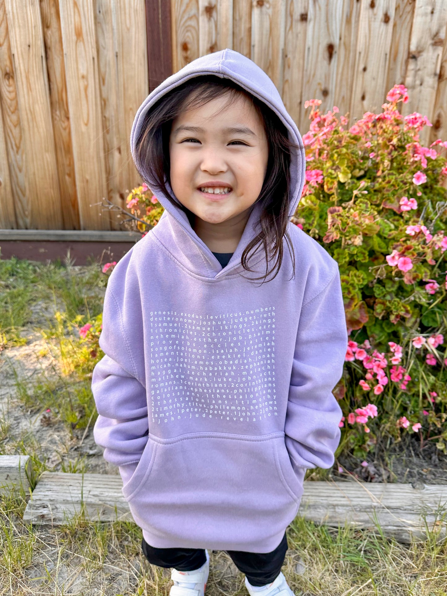 Kid's Books of the Bible Pullover Hoodie in Lilac