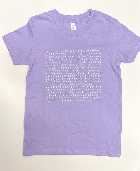 Kid’s Books of the Bible Tee in Lilac
